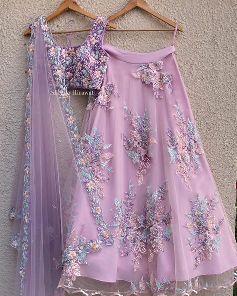 Label Shrena Hirawat on Instagram: “Lilac Lehenga with aqua butis teamed with intricate threadwork, glass cutdaana and pearl hand embroidered blouse with gorgeous pastel…” Couture, Haute Couture, Lilac Lehenga, Lavender Colour, Satin Lehenga, Hand Embroidered Blouse, Simple Lehenga, Lehenga Designs Simple, Indian Outfits Lehenga