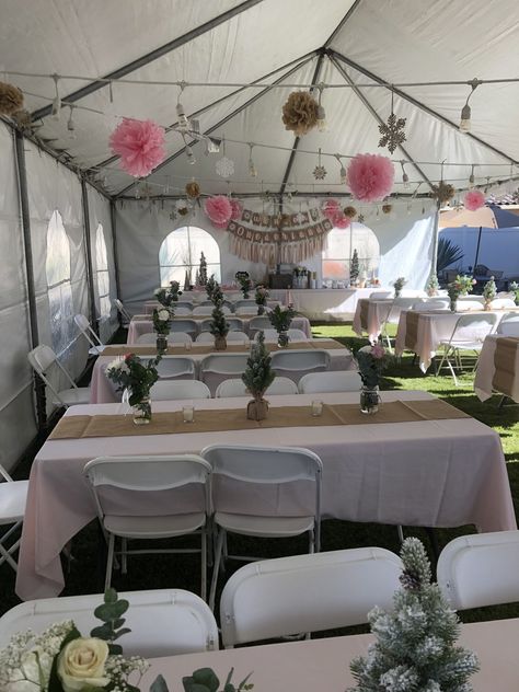 Winter ONEderland Birthday Party Balayage, Rustic 18th Birthday Party Ideas, 20x30 Tent Layout, Pergola Party Decorating Ideas, How To Decorate A Tent For A Party, Birthday Party Set Up Ideas Layout, Backyard Sweet 16 Party Ideas Tent, Outside Tent Party Ideas, Party Tent Backyard