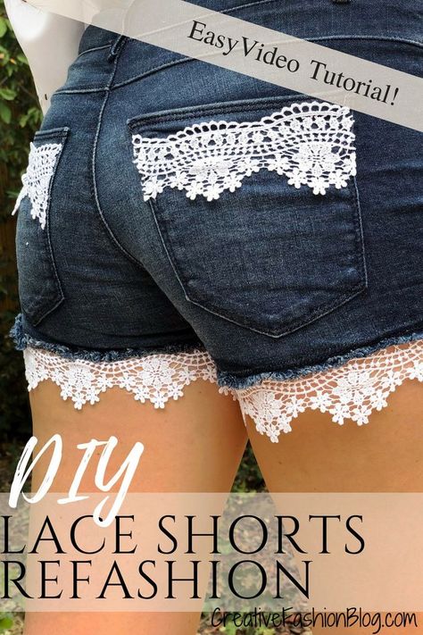 Diy Lace Shorts, Rok Denim, Jean Diy, Easy Upcycle, Diy Pants, Shorts Diy, Haine Diy, Diy Clothes Refashion, Shorts Tutorial