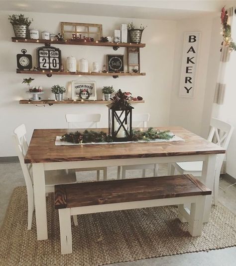 Shelf Over Dining Table, Small Home Rustic Decor, White And Wood Dining Table Farmhouse, Dining Rooms Without Chandeliers, Big Dining Room Table Decor, Small Living Room Ideas Ranch House, Rug Under Brown Dining Table, Large Wall Decor Modern Farmhouse, Farm Style Table With Bench