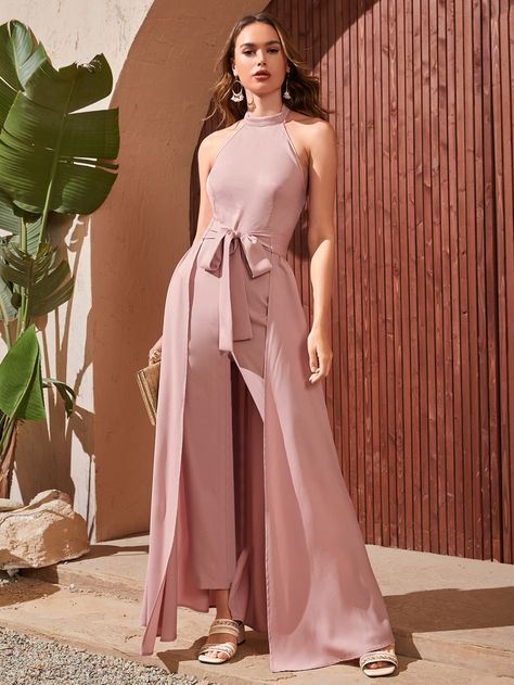 Dusty Pink Glamorous  Sleeveless Polyester Plain Culottes Embellished Non-Stretch Spring Women Jumpsuits & Bodysuits Jumpsuit Soiree, Wide Leg Jumpsuit Formal, Bridesmaid Pantsuit, Hijab Jumpsuit, Jumpsuit Formal, Hip Wedding, Blush Jumpsuit, Bridesmaids Jumpsuits, Dusty Pink Color