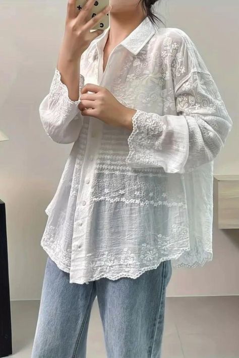 [SponsoredPost] Floral Pattern Button Front Blouse, Casual Long Sleeve Blouse For Spring And Fall #womenblousesfashioncasual Women Blouses Fashion Casual, Feminine Romantic Fashion, Women Blouses Fashion, Wedding Dress With Pockets, White Lace Blouse, Button Front Blouse, Blouse Casual, Easy Trendy Outfits, Indian Designer Outfits