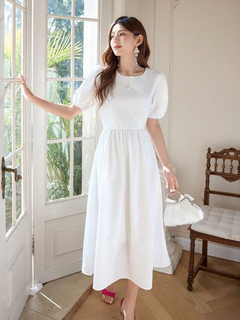White Casual Collar Short Sleeve Woven Fabric Plain A Line Embellished Non-Stretch Summer Women Clothing Couture, Plain White Dress Casual, White Dress Casual, Short Puff Sleeve Dress, Plain White Dress, Casual White Dress, Puff Sleeve Dress, Puffed Sleeves Dress, Casual Style Outfits