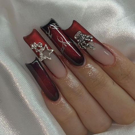 Dark Fem Nails, Unique Red Nails, Baddie Nails Acrylic Red, Loose Glitter Nails, Making Oc, Bday Nails, Angel Nails, Retro Nails, Punk Nails