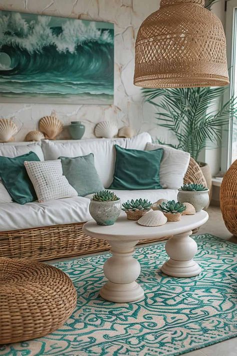 15 Beachy Living Room Ideas to Bring Coastal Vibes Home | Green Snooze Costal Designs Interior, Green Beach House Decor, Boho Beach House Decor Living Room, Living Room Beach Decor Ideas, Coastal Boho Interior Living Room, Green Coastal Living Room, Boho Beach Living Room, Beach Boho Living Room, Coastal Boho Interior