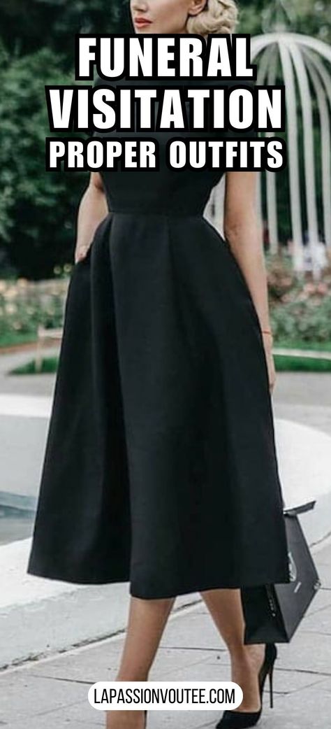 Funeral Director Outfits Womens Fashion, Funeral Classy Outfit, Black Dress For Funeral Classy Beautiful, Black Dress Nude Shoes Funeral, Black Funeral Dresses For Women, What Yo Wear To A Funeral, Black Skirt Funeral Outfit, Funeral Outfit For Women Rainy Day, Outfits For Funerals Womens Summer