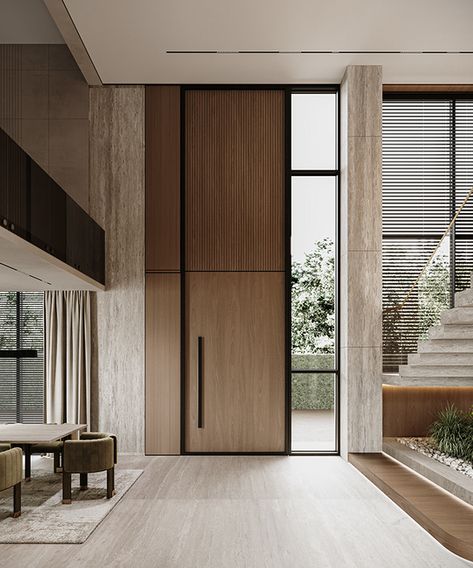 Villa Marrakech, Double Height Living Room, Oak House, Modern Entrance Door, Casa Clean, Interior Minimal, Double Doors Interior, Modern Entrance, Luxury Modern Homes