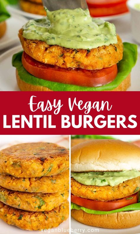 Vegan lentil burgers with red lentils and oats with avocado sauce. Vegan Avocado Sauce, Red Lentil Recipes Easy, Lentil Burger Recipe, Green Lentil Recipes, Vegan Lentil Burger, Lentil Veggie Burger, Vegan Burger Patties, Lentil Patties, Vegan Lentil Recipes