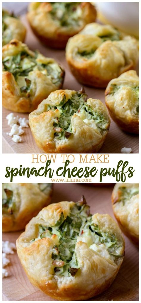 These puff pastry appetizers are filled with all the good stuff, including spinach, bacon bits and feta. As you can imagine, they are a hit at parties, and rightfully so! #spinachpuffs #cheesyspinachpuffs #spinach #appetizers #puffpastry Quiche, Spinach Puffs Recipe, Hearty Appetizers, Spinach Cheese Puffs, Puff Pastry Recipes Appetizers, Spinach Puffs, Cheese Puffs Recipe, Spinach Puff Pastry, Spinach Puff