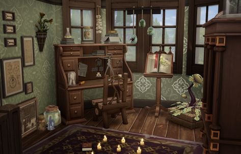 Sims 4 CC's - The Best: The Woodland Witch Cottage (No CC) by femmeonamissionsims Witch Cottage Interior, Sims 4 Witch House, Woodland Witch, Witchy Cottage, Sims 4 Cottage, Witches Cottage, Witch Room, Cottage Room, Witch Cottage