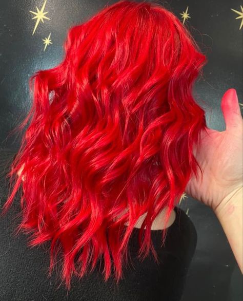 Neon Red Hair Color, Fire Engine Red Hair Color, Red And Rainbow Hair, Fire Truck Red Hair, Electric Red Hair, Bright Red Hair Color Short, Light Red Hair Dye, Bright Red Balayage Hair, Red Dye Hair
