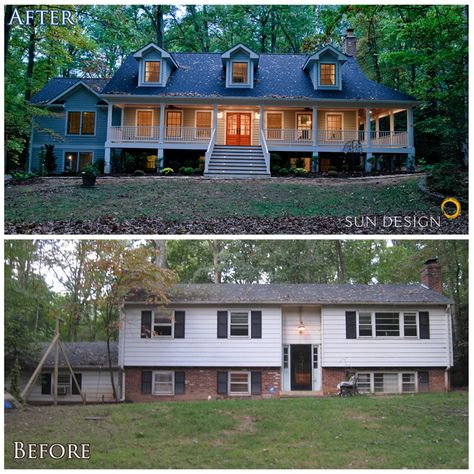 This home was transformed from a split-foyer into a french colonial.  What made this transformation was raising the entrance to the main level, building out the attic space for an added level, and relocating the staircase to access all 3 levels.  A master suite addition was added above the garage and a dramatic window wall addition to the rear of the home really brings the outdoors in. Split Level Exterior, Split Entry Remodel, Raised Ranch Remodel, Casa Garage, Split Foyer, Architecture Renovation, House Makeovers, Ranch Remodel, Home Exterior Makeover