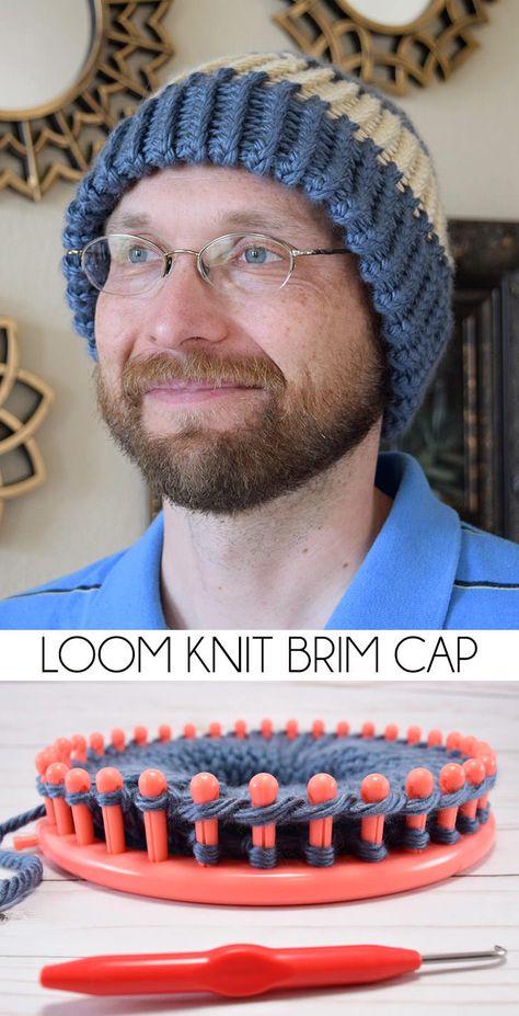 Make caps a bit warmer with a double-thick brim. It's so easy to loom knit a brim cap! Solid Color Crochet, Loom Knitting Patterns Hat, Knit A Hat, Loom Knitting For Beginners, Round Loom Knitting, Circle Loom, Loom Hats, Loom Knitting Tutorial, Crochet Mens Hat