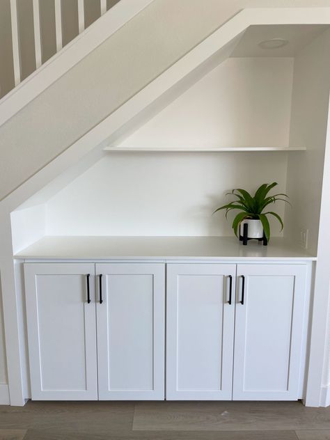 The perfect storage solution for this space was built-in cabinets under stairs. Cabinets Under Stairs, Storage Under Stairs, Cabinet Under Stairs, Under Stairs Nook, Stair Nook, تحت الدرج, Stairs Renovation, Staircase Storage, Basement Living Rooms