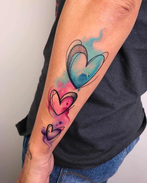 Watercolor Heart Tattoos 3 Heart Watercolor Tattoo, Watercolor Heart Tattoos, Watercolor Butterfly Tattoo, Watercolor Tattoo Feather, Watercolor Tattoo Sleeve, Watercolour Heart, Small Watercolor Tattoo, Simple Heart Tattoos, Colour Tattoo For Women