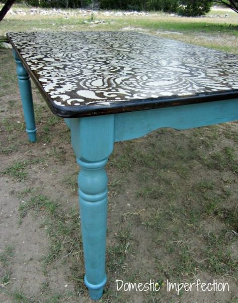 Upcycling, Stenciled Tables, Stencil Table Top, Paisley Stencil, Stenciled Table, Diy Muebles Ideas, Stained Table, Turquoise Painting, Table Makeover