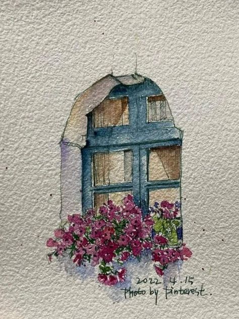 Cool Places To Draw, Watercolor Art Window, Watercolor Paintings Architecture, Watercolor Sketch Ideas, Watercolor Astethic, Door Sketch Drawing, Watercolor Doors Paintings, Pen And Watercolor Architecture, Watercolor Window With Flowers