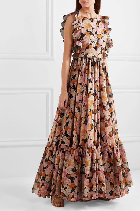 Rose Prints, Long Frock Designs, Floral Print Gowns, Simple Frocks, Long Gown Design, Chiffon Frocks, Frock Fashion, Frock For Women, Long Gown Dress