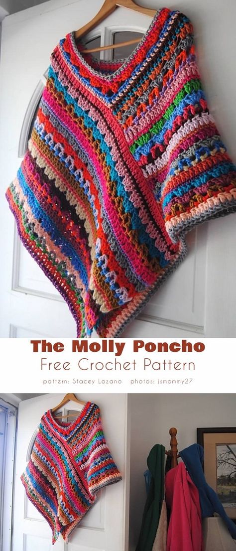 Woolen Poncho Designs, Crochet Scrap Yarn Cardigan Pattern Free, Crochet Scrap Sweater, Scrap Sweater, Crochet Poncho Free Pattern Woman, Crochet Poncho Patterns Easy, Poncho Au Crochet, Poncho Patterns, Crochet Unique
