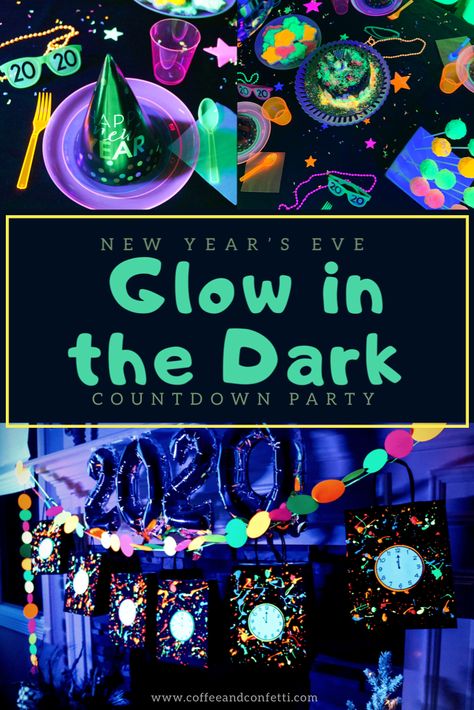 Celebrate New Year’s Eve with a fun glow in the dark party that the whole family will love.  There are glowing activities for every hour too.  #newyearseve #countdown #glowinthedark #glowparty  #nyeparty #nyeready Glow In The Dark New Years Eve Party, New Years Neon Party, Christmas Glow Party, 2024 Nye Party, Glow In The Dark New Years Party, Glow New Years Eve Party, New Years Glow Party, Nye Crafts Kids, New Years Party Theme Ideas