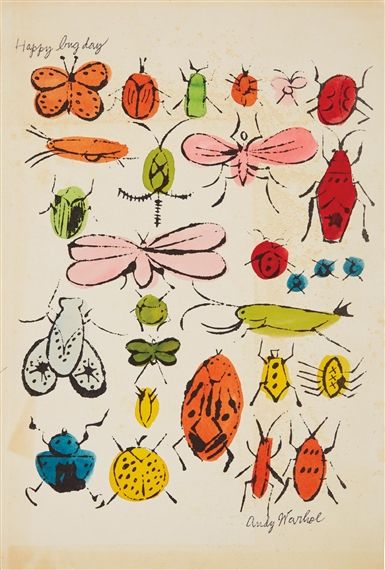 View Happy Bug Day (Circa 1954) By Andy Warhol; Offset lithograph with extensive hand-coloring, on wove paper; 14 x 9 3/8 in. (35.6 x 23.8 cm); Signed; . Access more artwork lots and estimated & realized auction prices on MutualArt. Andy Warhol Animals, Andy Warhol Tattoo Ideas, Warhol Tattoo, Andy Warhol Drawings, Andy Warhol Poster, Andy Warhol Artwork, Warhol Paintings, Andy Warhol Marilyn, James Rosenquist