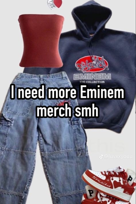 #eminem #eminemwhisper #marshallmathers #slimshady #whisper #whispergirlie Eminem Shirt Outfit, Eminem Nails Slim Shady, Slim Shady Outfit, Outfit Ideas For Tomboys, Eminem Outfits 90s, 2000s Tomboy, Eminem Inspired Outfits, Eminem Shirts, Eminem Whisper