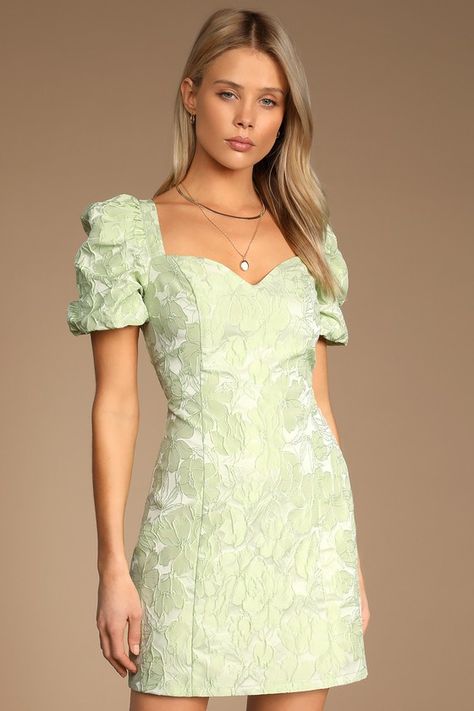 Light Green Hoco Dress, Light Green Dress, Floral Dress Outfits, Cute Floral Dresses, Guest Attire, Wedding Attire Guest, A Line Mini Skirt, Puff Sleeve Dress, Green Mini Dress