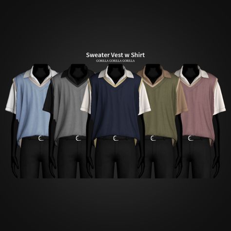 Male Sweater Vest with Shirt alpha cc for the sims 4, originally made by Gorilla Gorilla Gorilla (on patreon). Sims 4 Male Oversized Shirt, Grunge Sims 4 Cc Male, Sims 4 Grunge Cc Male, Male Sims Clothes, Cc The Sims 4, Sims 4 Men Clothing, Male Cc, Sims 4 Cheats, Sims 4 Male Clothes