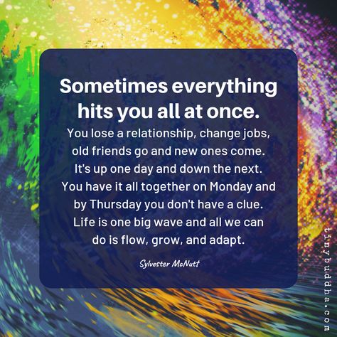 "Sometimes everything hits you all at once. You lose a relationship, change jobs, old friends go and new ones come. It's up one day and down the next. You have it all together on Monday and by Thursday you don't have a clue. Life is one big wave and all we can do is flow, grow, and adapt." ~Sylvester McNutt Sylvester Mcnutt, Be The Best Version Of You, Tiny Buddha, Changing Jobs, Big Waves, Life Advice, Positive Attitude, A Relationship, Beautiful Quotes