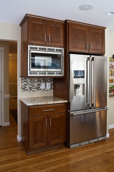 Fridge + Microwave cabinet beside the Butlers Pantry / entrance to dining room Built In Refrigerator Cabinet, Above Fridge Cabinet, Kitchen Microwave Cabinet, Installing Kitchen Cabinets, Oven Cabinet, Microwave Cabinet, Refrigerator Cabinet, Kitchen Fridges, Microwave In Kitchen