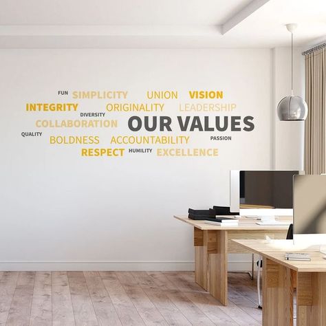 Top 25 Built in Office Wall Art Designs Wallpapers | Home Decorating Ideas in this video, Amazing And Modern Home Decorating Built in Office Wall Art Designs Wallpapers Designs House Design Ideas and modern Small House Interior. Under modern indoor design for home. --- office wall art designs ---- Values Wall, Office Decals, Office Wall Graphics, Corporate Values, Office Wall Design, Wall Stickers Quotes, Wall Decor Office, Office Wall Decals, Wall Text