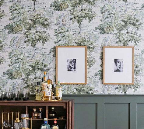 The best floral, toile, gingham, nature-inspired, vintage, and botanical wallpaper options for every budget. #cottagecore #cottagecoredecor Scenic Tree Wallpaper, Toile Wallpaper Kitchen, Pottery Barn Wall Paper, Toile Wallpaper Dining Room, Green Dining Room Wallpaper, Wallpaper Gallery Wall, Pottery Barn Wallpaper, Toile Wallpaper Bedroom, Dinning Room Wallpaper Ideas