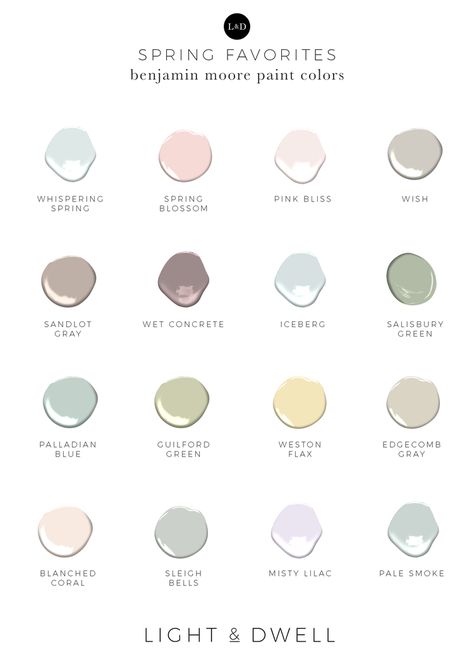 Spring Favorites / Paint Colors — Light and Dwell Light And Dwell Paint Colors, Pastel Paint Colors Bedroom, Tranquil Paint Colors, Spring Decor Color Palette, Bedroom Paint Colors Benjamin Moore, Spring Nursery, Spring Favorites, Light Paint Colors, Split Complementary Colors