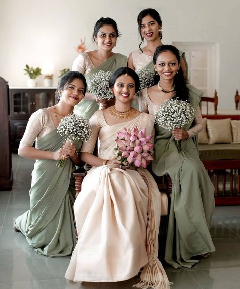 South Indian Christian Brides Who Looked Breath-Taking! - ShaadiWish Bride Maids Dresses 2022, Green Bridesmaid Saree, Var Mala, South Indian Bridesmaids, Lotus Bouquet, Bridal Maid Dress, Christian Brides, Christian Wedding Dress, Bridesmaid Indian