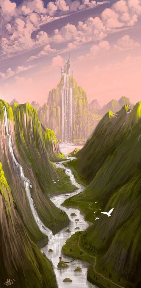 Epic Fantasy Landscapes - Imgur Fantasy Kingdom Concept Art, Castle Aesthetic Drawing, Fantasy Places Art, Waterfall Concept Art, River Concept Art, Valley Concept Art, Palace Concept Art, Cottage Concept Art, Elves Aesthetic