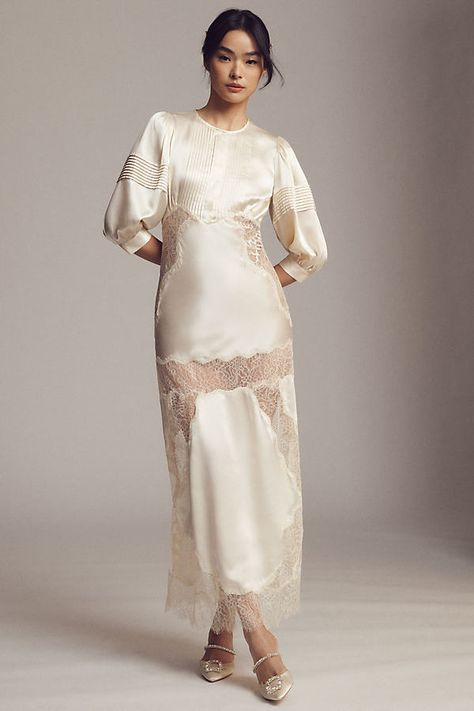 Crafted of silk charmeuse and trimmed with delicate lace, the Cynthia Rowley Maxi Dress showcases pintuck details and beautiful blouson sleeves that exude ethereal romance. | Lace-Trimmed Silk Charmeuse Maxi Dress by Cynthia Rowley in White, Women's, Size: 4 at Anthropologie Wedding Planner Outfit, Engagement Party Dresses, Morning Dress, Bridal Shower Dress, Bridal Event, Shower Dresses, Lace Kimono, Column Dress, Silk Charmeuse