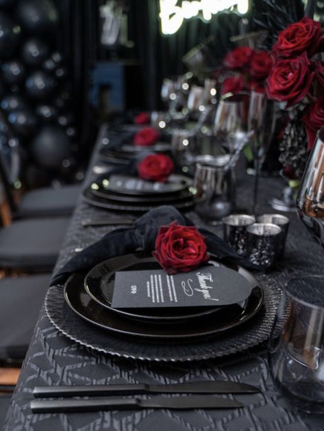 All black birthday soiree #blackweddingaesthetic #blackweddingideas #birthdaysoireeideas Black Wedding Theme Receptions, Red And Black Dinner Party Ideas, Black And Roses Wedding, Wedding Decorations Black And Red, Lace And Leather Party Theme, Black Roses Wedding Decor, Black Theme Party Decorations, Black Tablescape Dinner Parties, All Black Table Decor