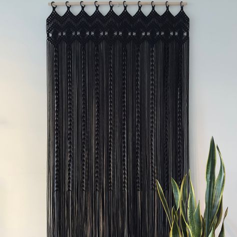 Black Macrame Curtain, Western Curtain Ideas, Gothic Curtains Victorian, Scandinavian Curtains Living Room, Macrame Shower Curtain, Doorway Curtain Ideas, Black Boho Living Room, Goth Curtains, Diy Macrame Curtain