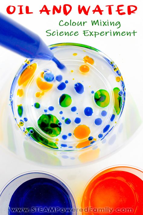 Why don't oil and water mix? It's a question kids love to explore! This easy experiment using simple supplies is a fun and colourful way to explore this science. The magic of colour mixing gives this experiment a special twist and wow factor. Plus the colour mixing provides greater understanding of the polarity differences between water and oil and how it affects their behaviour when they are mixed. #OilandWater #Science #WaterExperiment #Experiment #Elementary Color Mixing Science Preschool, Colors Science Activities Preschool, Preschool Color Science Experiments, Mixing Colors Science Preschool, Science Activities Preschool Easy, Mixing Colors Kindergarten, Science Mixing Experiments, Preschool Color Experiments, Water And Oil Experiment