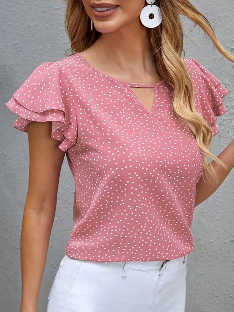 SHEIN Polka Dot Print Keyhole Neck Layered Ruffle Cuff Top | SHEIN USA Chiffon Blouses Designs, Statement Blouse, Romantic Blouses, Women Blouses Fashion, Ladies Blouse Designs, Mock Neck Blouse, Cuffed Top, Womens Tops Dressy, Keyhole Neck