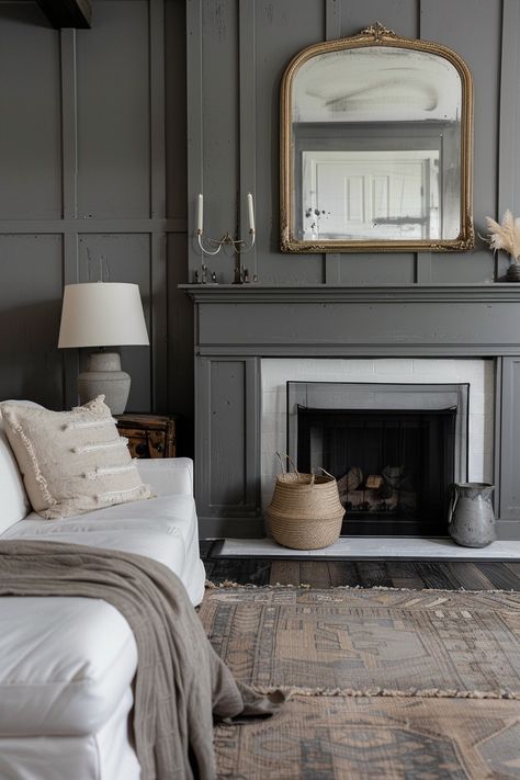 Insanely Cozy Moody Living Room Ideas to Copy Right Now Moody Home Color Palette, Moody Room Colors, Moody Farmhouse Living Room, Moody Fireplace, Moody Living Room Ideas, Intimate Living Room, Dark Moody Living Room, Charcoal Living Rooms, Organic Modern Living Room