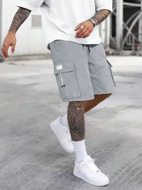 Light Grey Street Collar  Woven Fabric Letter Straight Leg Embellished Non-Stretch  Men Clothing Mens Clothing Styles Summer, Cargo Shorts Outfit, Summer Fits Men, Men's Summer Outfit, Workwear Shorts, Mens Shorts Outfits, Mens Summer Outfits, Mens Casual Outfits Summer, Drawstring Waist Shorts