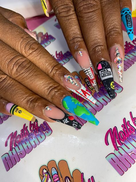 Pepsi Nails, Teacher Nail Art, Teacher Nails, School Nail Art, Theme Nails, Pencil Nails, Cartoon Nails, Accepting New Clients, Girl Time