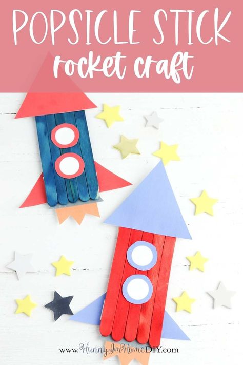 This cute rocket craft for kids is the perfect summer activity for kids in preschool or kindergarten. It's an easy popsicle stick craft that your kids can make in the classroom, at home, or at summer camp! Learn how to make your own space ship using craft sticks and a printable template. Your kids will have a blast playing with this fun DIY project as they learn about space and rockets. Easy Space Themed Crafts, Space Theme Crafts For Kids, Rocket Preschool, Rocket Ship Craft, Craft Stick Projects, Sticks Crafts, Cute Popsicle, Rocket Craft, Planet Crafts