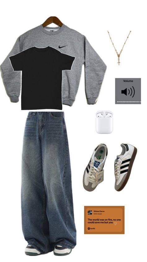 sweater, t shirt, masculine, masc outfit inspo, baggy jeans style, sambas Baggy Jeans Outfit 90s Aesthetic, Jeans Outfit For School, Black Baggy Jeans Outfit, Baggy Jeans Outfit 90s, Nike Sweatshirt Black, Adidas Samba Outfit, Baggy Jeans Outfit, Samba Outfit, Outfit Inspo Casual