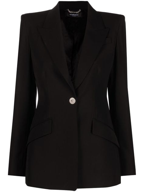 Medusa single-breasted virgin wool blazer from Versace featuring black, virgin wool, peak lapels, front button fastening, Medusa Head motif, shoulder pads, long sleeves, logo patch at the sleeve, buttoned cuffs, two side flap pockets, central rear vent and logo-print lining.Gender: WomenMaterial: VIRGIN WOOL 100%Color: BLACKMade in: ITProduct ID: 1010049 1A07236 1B000*Import tax/duty will be calculated at checkout (If applicable) Versace Blazer, Versace Jacket, Medusa Head, Black Blazer, Black Blazers, Wool Blazer, Blazers For Women, Curator Style, Shoulder Pads