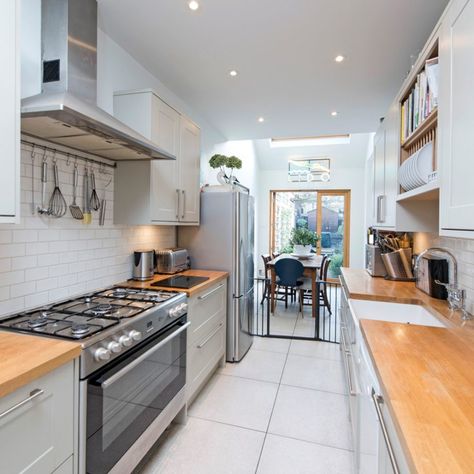 Long Narrow Kitchen, Narrow Kitchen Island, Narrow House Designs, Long Kitchen, Narrow Kitchen, Rustic Kitchen Cabinets, Narrow House, Kitchen Island With Seating, Small Space Storage