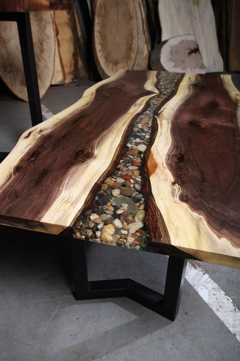 Walnut Live Edge River Coffee Table - Anglewood Live Edge Custom Furniture, Toronto Rough Edge Wood Table, Live Edge Coffee Table Living Room, Live Edge Wood Projects, Live Edge Wood Coffee Table, Live Edge River Table, Wood Epoxy Table, Natural Wood Dining Table, River Coffee Table, Beach Resin