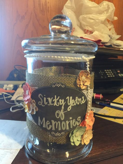 60 years of memories- we created a jar as a gift for my mother's 60th birthday. It was to hold memories from all her friends and family. We asked everyone to write down their fav memories and deposit into jar and we gave this to her at a surprise party! Silver 60th Birthday Decorations, Birthday Party Memory Jar, 60th Surprise Birthday Party Ideas Mom, Birthday Memory Jar, 60 And Fabulous Party, 60th Birthday Party Ideas For Mom, Surprise Ideas For Best Friend, Birthday Surprise Ideas For Best Friend, Best Friend Memories