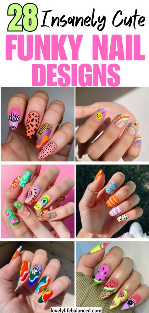 cute funky nails Cute Retro Nail Designs, Different Pattern Nails On Each Finger, Funky Nail Art Short Nails, Wild Nail Ideas, Nail Designs For Women Over 40, Check Nail Art Designs, Nail Designs Fun Unique, Pop Nail Art Designs, Girly Pop Nails